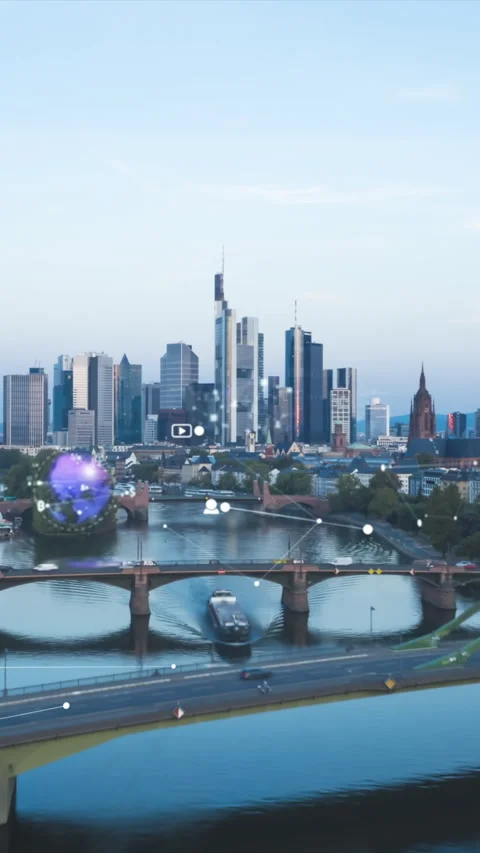 Backwards fly above river flowing through city at dusk. Various digital visual Stock Footage 323711234