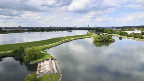 Backwards flying drone view of cascade system of water reservoirs Stock-Footage 155790907