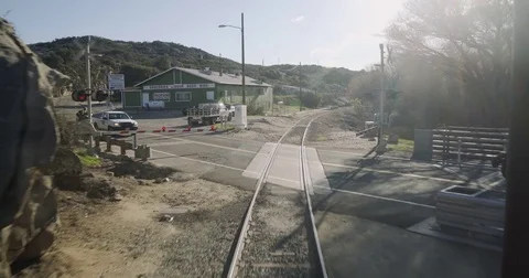 Backwards Train Ride Small Town Stock Footage 72794384