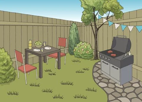 Backyard bbq garden party graphic color sketch illustration vector Stock Illustration