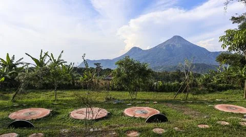 Backyard cafe with a beautiful view of Mount Penanggungan Stock Photos