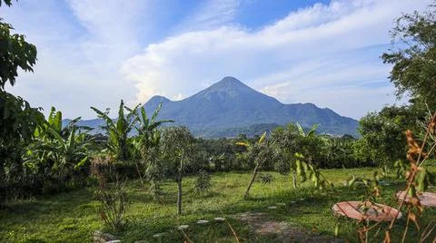 Backyard cafe with a beautiful view of Mount Penanggungan Stock Photos