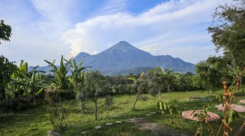 Backyard cafe with a beautiful view of Mount Penanggungan Stock Photos