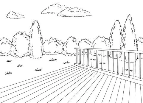Backyard deck garden graphic black white sketch illustration vector Stock Illustration