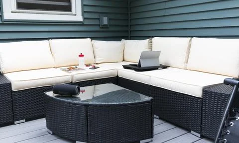 Backyard deck set up as a home office during COVID-19 pandemic Stock Photos