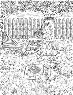 Backyard With Fences With Hammock Tied Between Trees Beside A Picnic Basket Stock Illustration