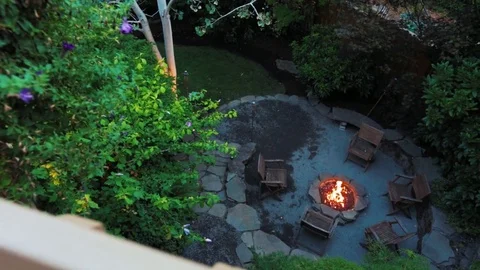 Backyard Firepit in Suburb Dusk 2 Aerial 스톡 동영상 73219484