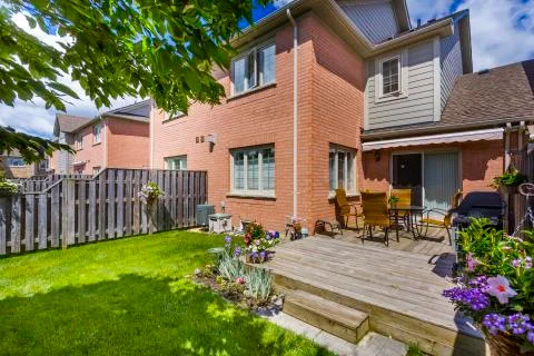 Backyard garden of custom built luxury house in the suburbs of Toronto, Canada. Stock Photos
