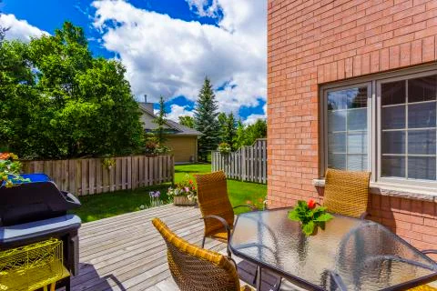 Backyard garden of custom built luxury house in the suburbs of Toronto, Canada. Stock Photos