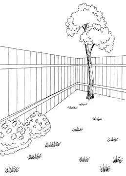 Backyard garden graphic black white vertical sketch illustration vector Stock Illustration