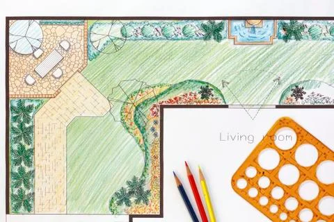 Backyard garden plan with stone patio 库存照片