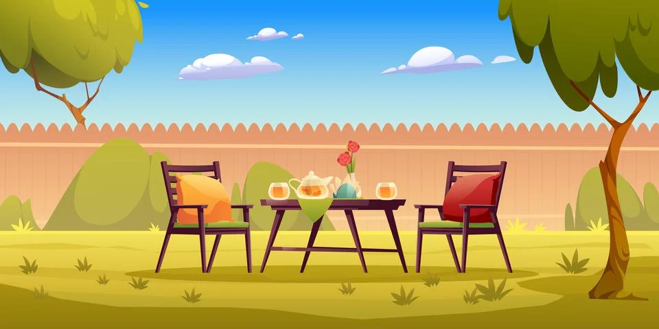 Backyard garden with served table, teapot, cups 스톡 일러스트