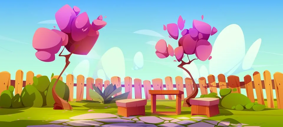 Backyard garden with table, cherry tree and chair 스톡 일러스트