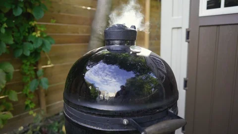 Backyard grilling on a ceramic egg smoker Video stock 123300222