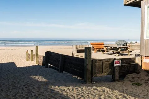 The backyard of a house in the same sand of Cannon Beach, Oregon, USA. Stock Photos