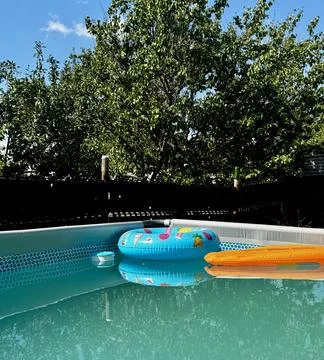 Backyard Pool with Trees and Float Tubes Foto stock