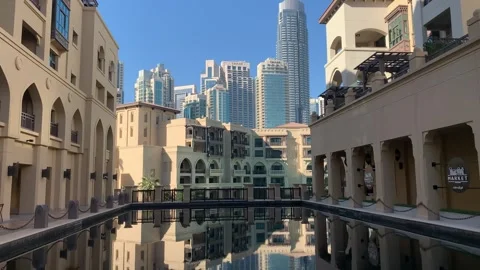 Backyard of Souk al Bahar. Modern traditional style buildings. Dubai, UAE Stock Footage 298908065
