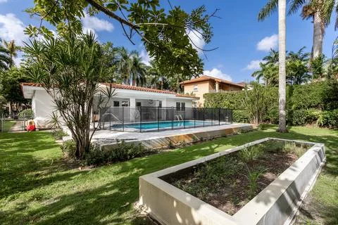 Backyard Surrounded by large vegetation short grass, blue pool Stock Photos