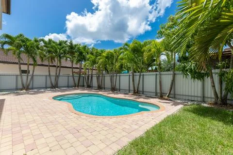 Backyard Surrounded by large vegetation short grass, stone paths Foto stock