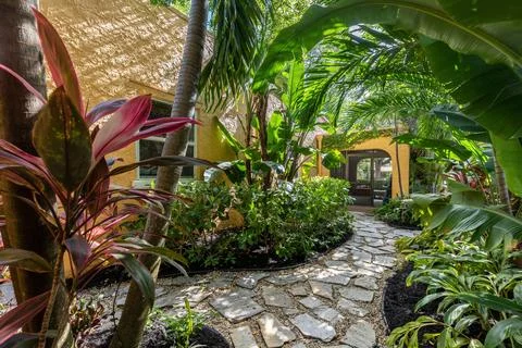 Backyard Surrounded by large vegetation short grass, stone paths. Stock Photos