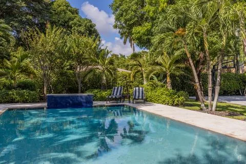 Backyard Surrounded by large vegetation short grass, stone paths Foto stock