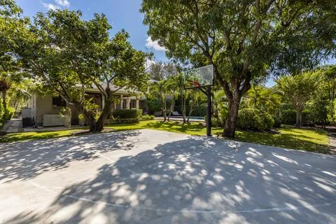Backyard Surrounded by large vegetation short grass, stone paths Stock Photos