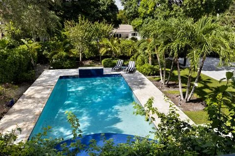 Backyard Surrounded by large vegetation short grass, stone paths Stock Photos