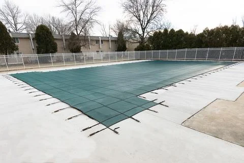 Backyard swimming pool and closed down for winter Stock Photos