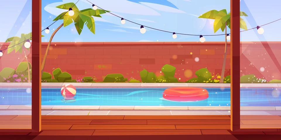 Backyard swimming pool behind open glass door Stock Illustration