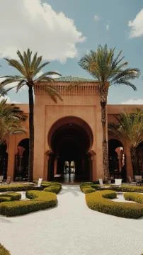 Backyard symmetrical view with Moroccan theme Stockfoto's