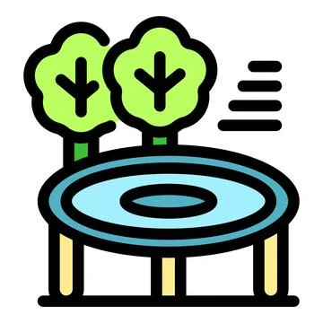 Backyard trampoline under trees in summer, Stock Illustration