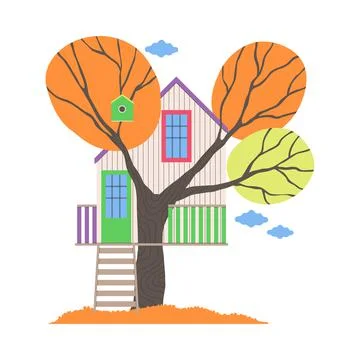 Backyard Tree House with Ladder as Summer Hut for Outdoor Activity or Pastime Illustrazione stock