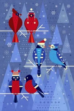 Backyard Winter Flat Birds in Funny Hats Stock Illustration