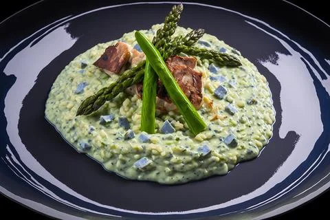 Bacon and asparagus in blue risotto. food prepared by the chef in a cafe or Stock Illustration