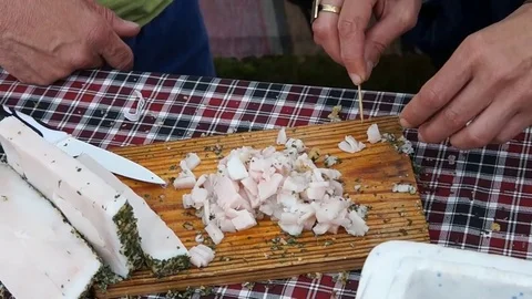 Bacon on bread, hands Stock Footage 79503333