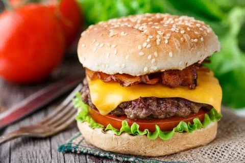 Bacon burger with beef cutlet Stock Photos