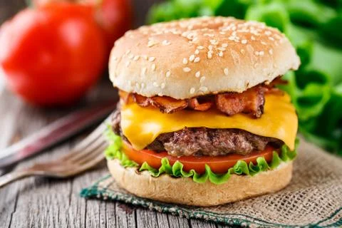 Bacon burger with beef cutlet Stock Photos