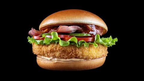 Bacon cheese Bacon cheeseburger hamburger isolated on black. Stock Footage 299830785