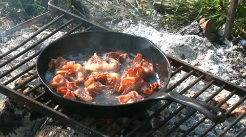 Bacon cooking over a campfire Stock Footage 11196697