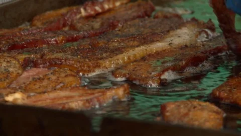 Bacon cooking in restaurant Stock Footage 95566365