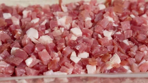 Bacon Cubes with Visible Marbling in a Rotating Macro Shot Stockbeeldmateriaal 341483119