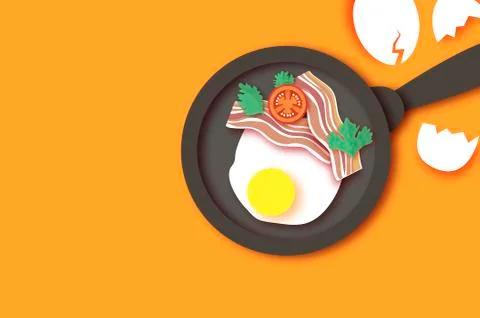 Bacon, eggs and cooking pan with handle. Omelet papercut style. Farm products Stock Illustration