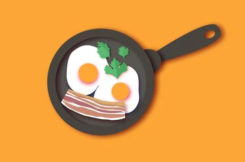 Bacon, eggs and cooking pan with handle. Omelet papercut style. Farm products Stock Illustration