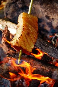 Bacon on fire , barbecue in nature , cooking , baked bacon , campfire , fire Stock Photos