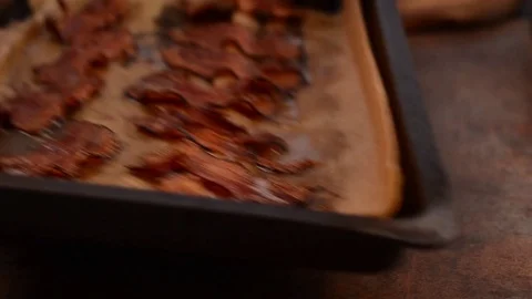 Bacon fried in oven crispy and delish footage stock Stock Footage 76890148