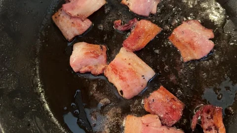 Bacon frying in a pan – close-up view Stock Footage 301086675