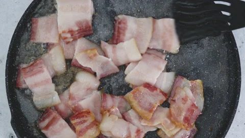 Bacon on a frying pan, flat lay. English breakfast recipe Stock Footage 225800668