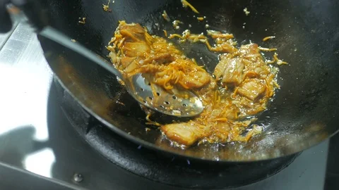 Bacon frying in a pan step by step Stock Footage 96390631