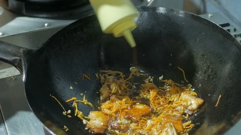 Bacon frying in a pan step by step Stock Footage 96390814