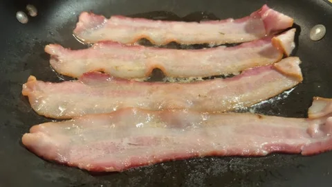 Bacon Frying in Pan - Wide Stock Footage 301142964